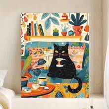 1pc Unframed Wall Art Poster, Cat Drinking Coffee Artwork, Casual Black Cat Home Decor Painting For Living Room, Bedroom, Corridor, Dorm