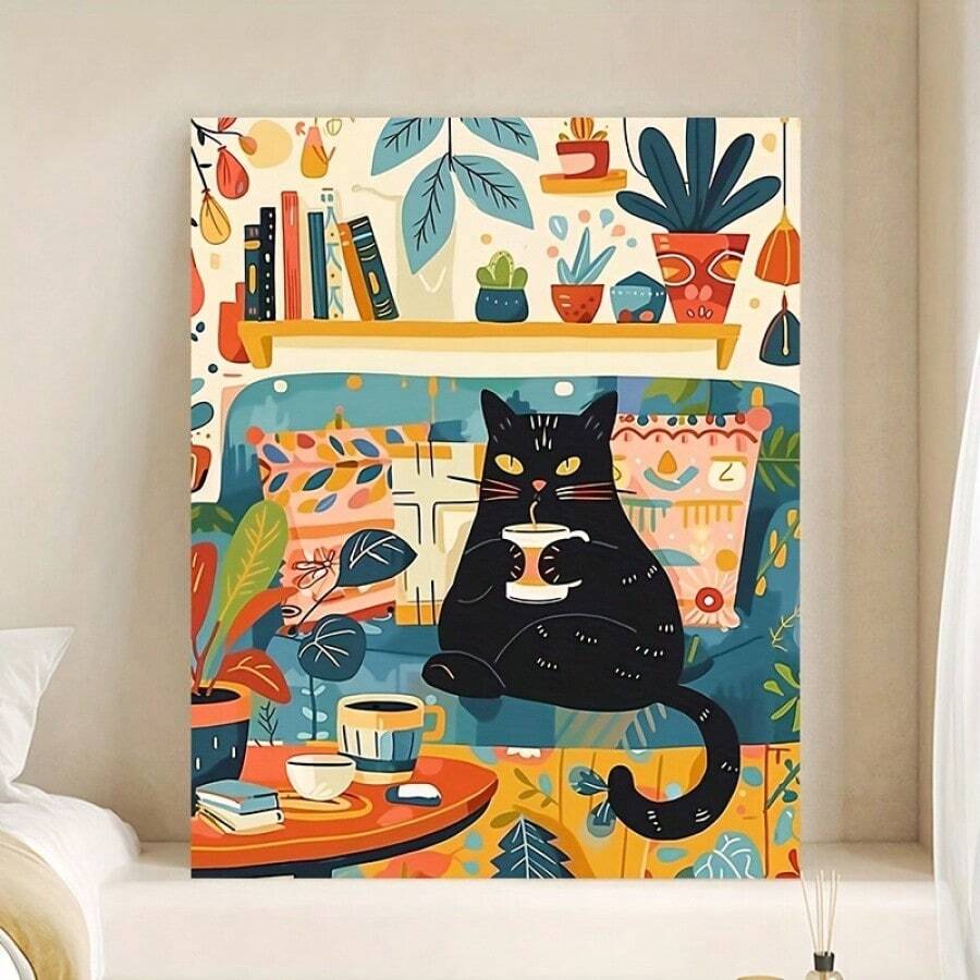 1pc Unframed Wall Art Poster, Cat Drinking Coffee Artwork, Casual Black Cat Home Decor Painting For Living Room, Bedroom, Corridor, Dorm