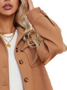 Women Long Sleeve Button-Up Coat, Solid Color/Plaid Print Lapel Neck Tops For Spring, Fall - Camel - View 6