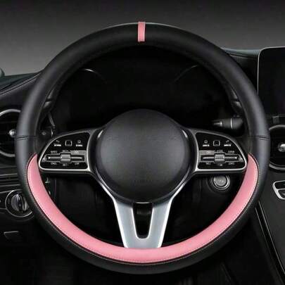 1pc 38cm/D-Type Black Nappa Leather Car Steering Wheel Cover, Fits 14.5-15in Steering Wheel, 4 Season Universal