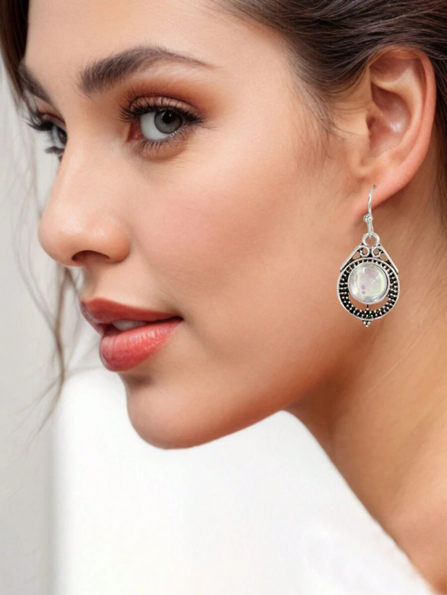 1 par de aretes vintage de piedra lunar, ganchos de plata para aretes con gemas de colores de arcoíris a la moda