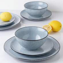 Richmount 24-Piece Plates And Bowls Sets, Reactive Glaze Stoneware Dishes Set For 8