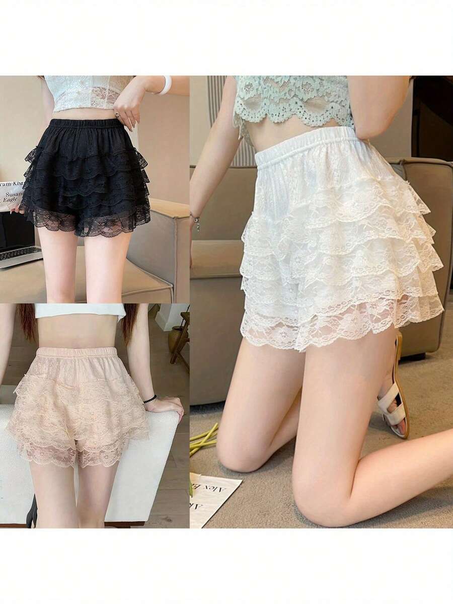 Womens Layered Ruffle Shorts Casual Elastic Waist Solid Color Lace Bloomers Lolita Clothes - White - View 1