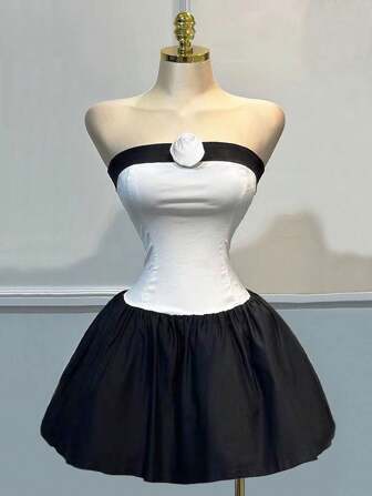 女式纯色单肩拼色迷你简约休闲郁金香下摆短款连衣裙