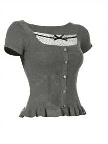 Women Knitting Shirt, Short Sleeves Square Neck Knitting Buttons Dot Print Casual Party Street Ruffled Tops - Grey - View 4