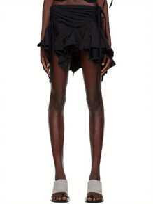 Women Gothic Punk Irregular Skirts Solid Color Drawstring Tie-Up Ruched Ruffles Mini Skirt Summer Fashion Short Skirts - Black - View 3