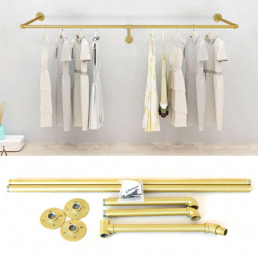 Ubfhonsi Gold Iron Industrial Pipe Wall Mounted Clothing Rack Wedding Dress Bridal Garment Rack Stand Retail Display Closet Organization Room Decor Home Decor Fall Decor Bedroom DecorCoat Hanger Back To School - Gold - View 1