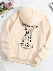 Men's Loose Slogan Hoodie With Rose Floral Print - Khaki - View 1