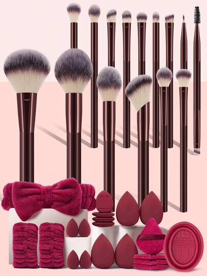 15/20/35件套化妆工具套装，包含：15支化妆刷+4个化妆海绵+4个迷你化妆海绵+4个三角粉扑+4个迷你气垫粉扑+1个发圈+2个手碗挂绳+1个化妆刷清洁工具。