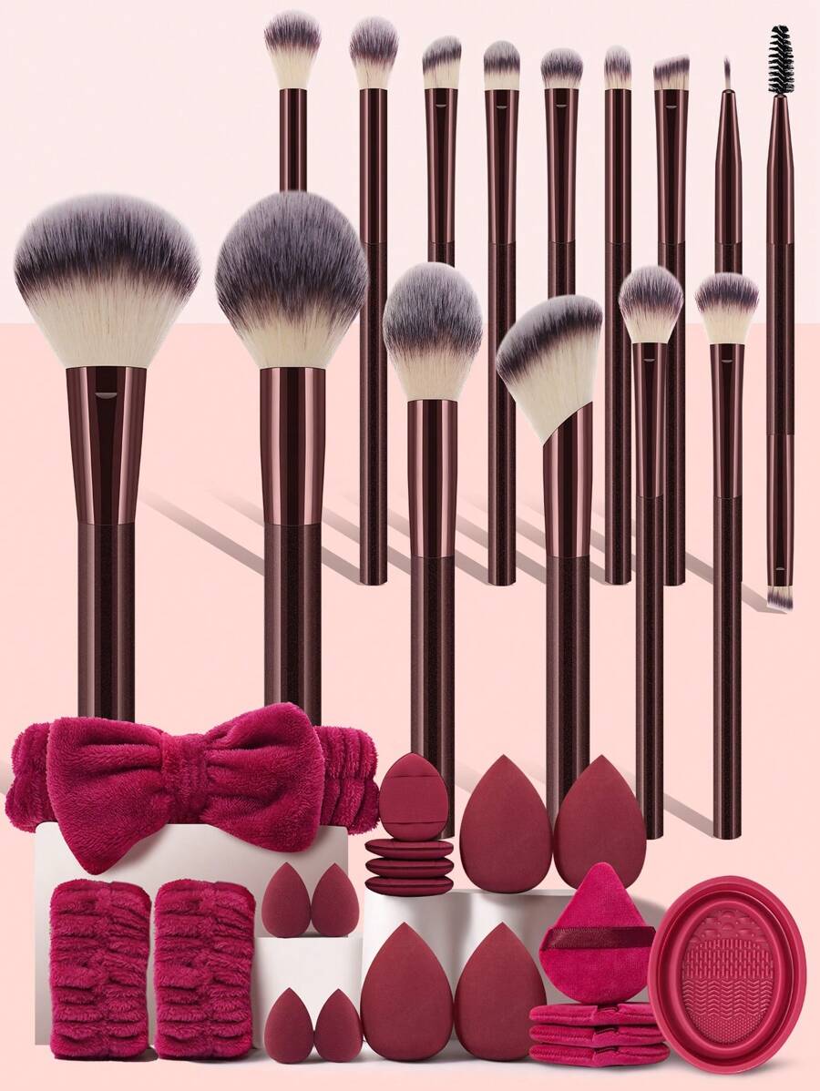 15/20/35件套化妆工具套装，包含：15支化妆刷+4个化妆海绵+4个迷你化妆海绵+4个三角粉扑+4个迷你气垫粉扑+1个发圈+2个手碗带+1个化妆刷清洁工具。 - 彩色 - 查看 1