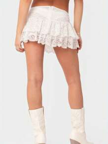 Women Floral Lace Skirt Ruffled Hem Summer Casual Mini Skirt For Beach Vacation Club Streetwear Aesthetic Clothes - White - View 6