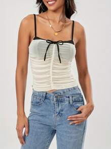 Women's Summer Fashion Cami Tops Sleeveless Ruched Tie Up Contrast Color Vest Tops - Beige - View 6
