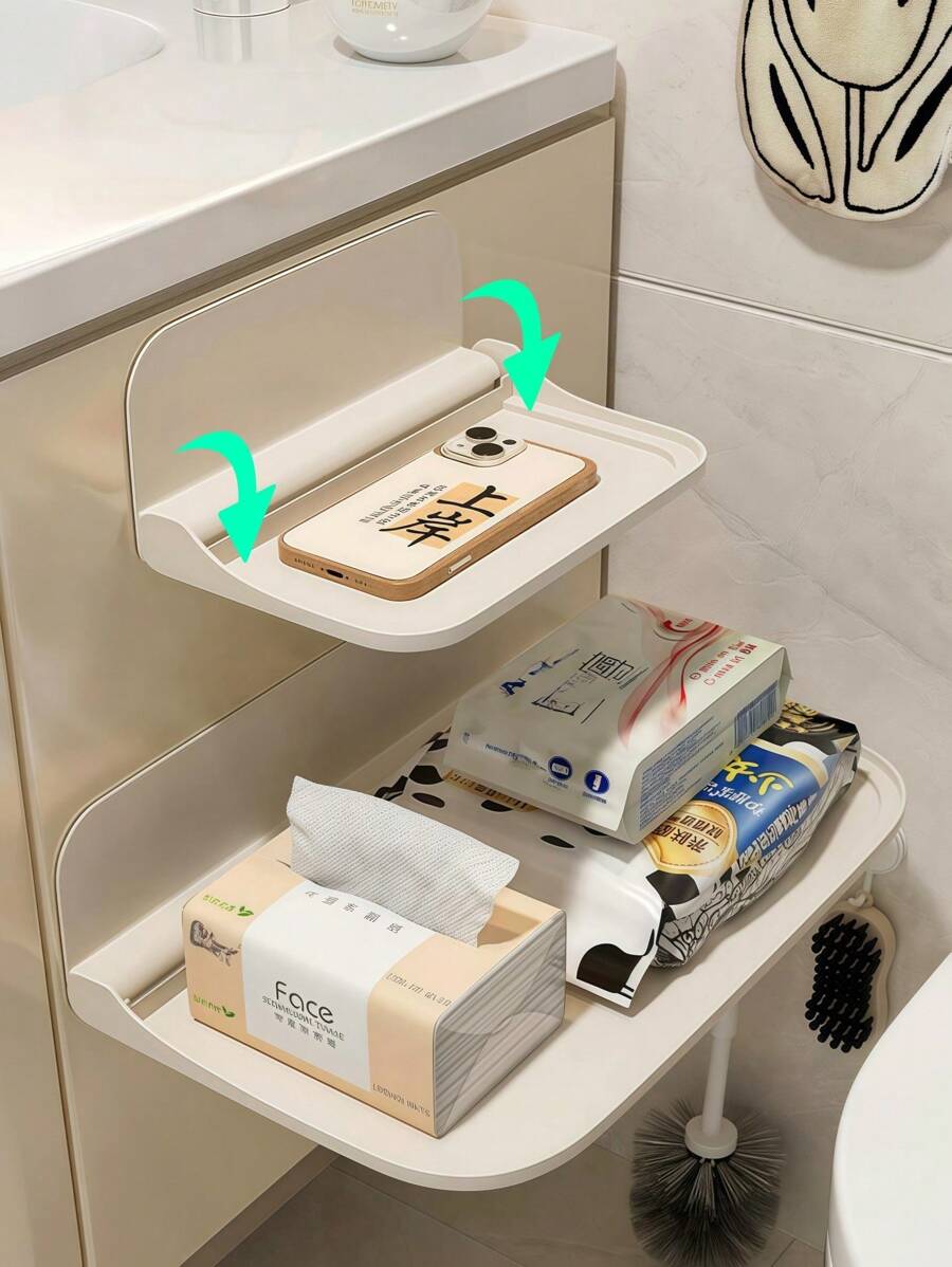 1pc Foldable Wall-Mounted Storage Rack, No Drilling Required, Suitable For Bathroom, Bedroom, Bedside, Phone Holder, WiFi Router Holder, Can Be Used As Phone Stand, Bathroom Toilet Rack, Room Decor Rack Bathroom Accessories