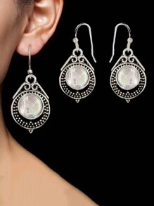 1 par de aretes vintage de piedra lunar, ganchos de plata para aretes con gemas de colores de arcoíris a la moda - Plata antigua - Ver 6