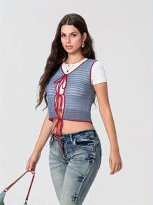 Women Crochet Cutout Tank Tops Casual Summer Tie Front Basic Vest Sleeveless Shirt Aesthetic Clothes For Streetwear