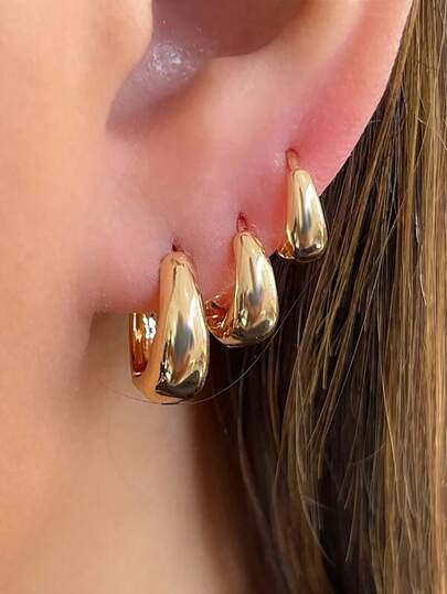 3 Pairs European & American Style Minimalist Geometric Circle & Pentagon Copper Alloy Hoop Earrings Set, For Everyday Wear
