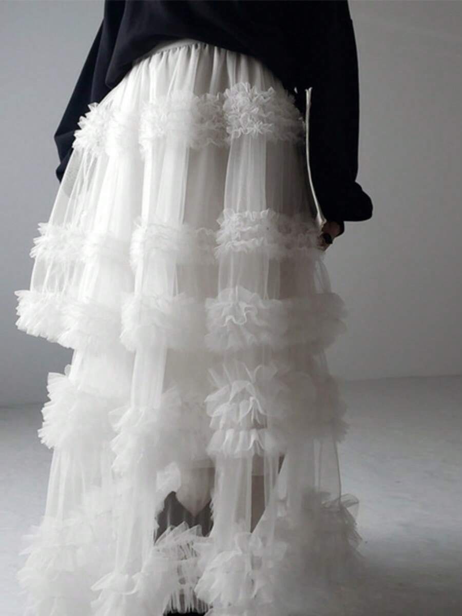 Women's Tulle A-Line Long Skirt High Waist Sheer Mesh Tiered Ruffled Skirt For Summer, Spring - 象牙白 - 查看 1