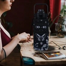 Xidingyue Goth Moon Half Gallon Water Bottle With Sleeve - Flip Top Water Bottle 64 OZ - With Time Marker Leakproof Water Jug - Motivational Water Bottle For Halloween Spooky Gifts For Women