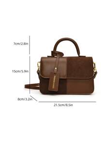 New Winter Fashion Classic Suede Handbag, Patchwork Design Burgundy Bag, Letter Graphic Decor Tote Bag, Shoulder Bag And Square Bag, Suitable For Shopping, Parties And Dates. New Autumn/Winter Women Bag, Best Autumn Wallet, Latest Fashion Suede Women Bag, Perfect Match For Autumn Women Outfits. , Office - Coffee Brown - View 4