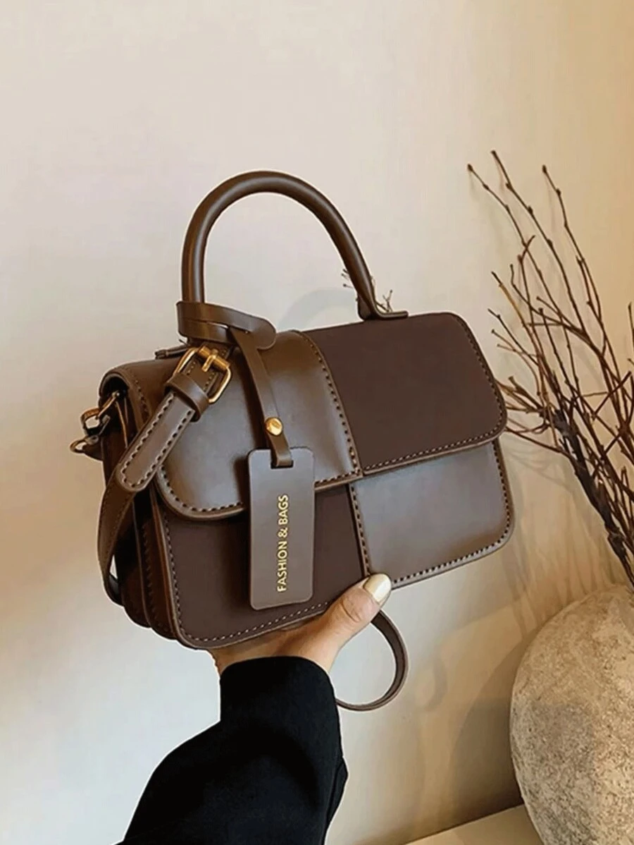 New Winter Fashion Classic Suede Handbag, Patchwork Design Burgundy Bag, Letter Graphic Decor Tote Bag, Shoulder Bag And Square Bag, Suitable For Shopping, Parties And Dates. New Autumn/Winter Women Bag, Best Autumn Wallet, Latest Fashion Suede Women Bag, Perfect Match For Autumn Women Outfits. , Office - Coffee Brown - View 1