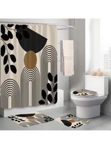 1pc/4pcs Line Patchwork Abstract Pattern Multifunctional Waterproof Bathroom Shower Curtain With 12 Hooks, Anti-Slip Bath Mat, U-Shape Toilet Mat And Round Toilet Seat Cover, Bathroom Set For All Occasions Home Bathroom Decor Fall Decor Bathroom Accessories Back To School