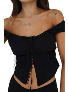Womens Tank Tops Solid Color Sleeveless Sling Design Front Button Tie Cardigan Tank Tops - Black - View 3