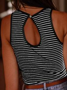 Striped Print Ribbed Knit Sleeveless Top - Black - View 6
