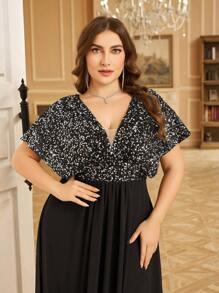 UNITHORSE 大码女式 V 领前后褶亮片拼接蝙蝠袖束腰超长派对礼服、婚礼宾客礼服、正式礼服、晚礼服、长袍