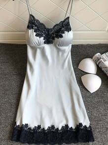 Nightgown For Women Satin Lace Lingerie Chemise Sexy Full Slips Dress Silk Nightwear Sleeveless Nighties - 灰色 - 查看 2