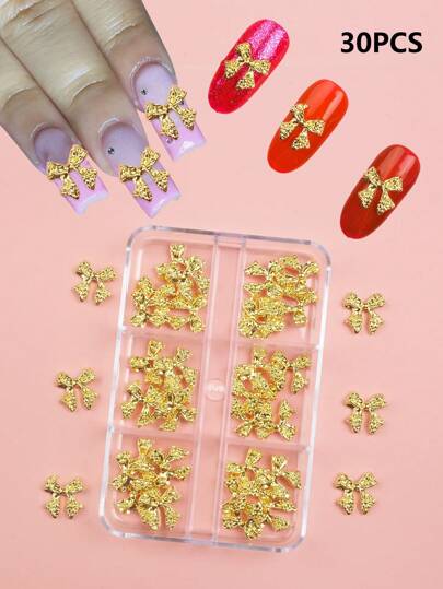 30 chiếc/6 ô hình nơ trang trí móng tay bằng kim loại, dụng cụ làm móng DIY, trang trí móng tay hiệu ứng kim loại Y2K, phụ kiện làm móng, dụng cụ làm móng
