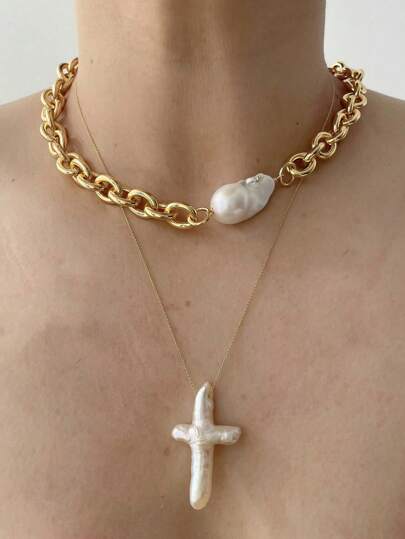 1 pieza Collar con colgante de cruz de acero de titanio y perla real, de estilo minimalista y versátil, asimétrico, adecuado para uso diario, citas, vacaciones y como regalo, tanto para mujer como para hombre