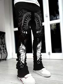 Pantalones vaqueros ajustados elásticos rasgados, pantalones de estilo callejero versátiles, pantalones de pierna acampanada con bolsillos sesgados de mezcla de algodón lavado, diseño de moda