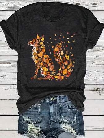 Kvinnors rundhalsad kortärmad Casual Fox & Leaves Print Top