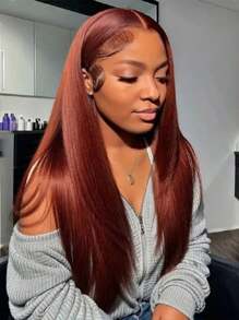 Reddish Brown 13x4 Lace Front Wigs Human Hair Pre Plucked Straight Lace Frontal Wigs Human Hair 180% Density Copper Red Hair Wig For Women - Dark Brown - View 5