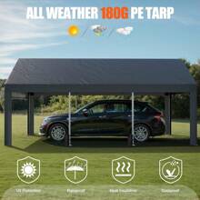 Carport, 12x20 Ft Heavy Duty Carport With Roll-Up Windows, Portable Garage With Removable Sidewalls & Doors, Car Canopy With Sandbags And All-Season Tarp For Car Boat Truck Motorcycle - 深灰色 - 查看 6