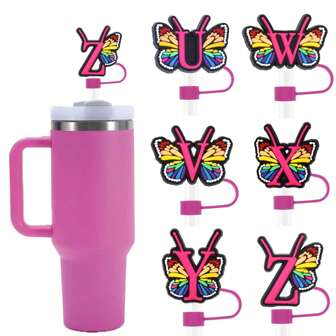 1 件蝴蝶杯吸管盖，硅胶吸管盖顶盖首字母吸管盖，可重复使用吸管盖，兼容 40 盎司和 30 盎司玻璃杯配件