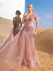 Asymmetrical Neck Mesh Panel Sequin Formal Dress, Party Dress, Wedding Guest Dress, Evening Dress,Gown