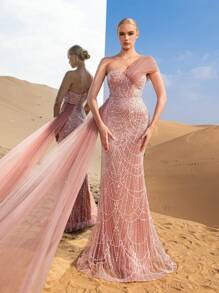 Asymmetrical Neck Mesh Panel Sequin Formal Dress, Party Dress, Wedding Guest Dress, Evening Dress,Gown