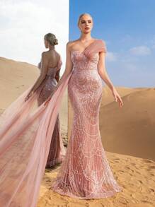 Asymmetrical Neck Mesh Panel Sequin Formal Dress, Party Dress, Wedding Guest Dress, Evening Dress,Gown