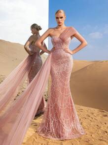 Asymmetrical Neck Mesh Panel Sequin Formal Dress, Party Dress, Wedding Guest Dress, Evening Dress,Gown