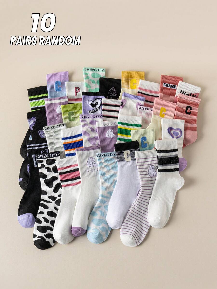 10 双/包随机女士春秋款紫色条纹渐变色心形图案透气吸汗时尚韩版百搭中筒袜 - 彩色 - 查看 1