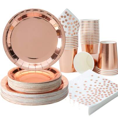 Juego de vajilla desechable para fiesta en color oro rosa, incluye platos, vasos y servilletas en oro rosa para decoración de aniversario, graduación, fiesta de cumpleaños, artículos para fiestas en oro rosa