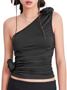 Women Solid Color Tank Tops Summer One Shoulder Sleeveless 3D Rosette Ruched Tops