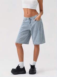 Bermuda Jean Shorts For Women High Waisted Knee Length Denim Shorts Straight Leg Loose Fit Summer Long Shorts - Baby Blue - View 4