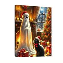 Ghost And Black Cat Wall Art Print, Spooky Xmas Cute Ghost Art, Black Cat Canvas, Canvas Decor Print, Whimsigoth Decor (Framed)