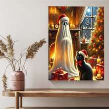 Ghost And Black Cat Wall Art Print, Spooky Xmas Cute Ghost Art, Black Cat Canvas, Canvas Decor Print, Whimsigoth Decor (Framed)