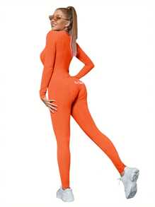 Women Deep V Neck Pajamas Jumpsuit Playsuit Solid Long Sleeve One Piece Romper Sleepwear - 橘色 - 查看 7