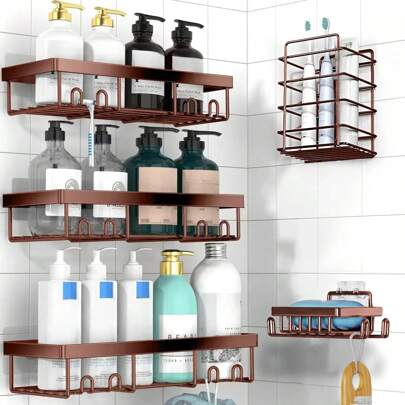 Adhesive Shower Caddy 5-Pack, Large Capacity Bathroom Organizers And Storage, Rustproof Shelves Rack With Soap Holder, No Drilling Wall-Mounted Kitchen & Home Decor, Bath Decor&Essentials, Black Home Bathroom Decor Summer Back To School