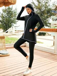 VFJ 1 套女式全覆盖连帽泳衣，沙滩罩衫 2 件套，紧身，水疗/运动拉链泳衣 - 黑色 - 查看 7