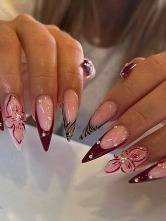 纯手工指甲 3D 花朵指甲 勃艮第红色指甲 动物印花闪亮细高跟长按指甲 10 片假指甲 女士女孩日常佩戴美甲用品指甲